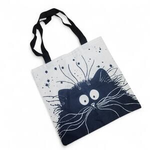 Black Cat Tote Bag Medium Market Shopper Halloween Big Face Cute Cat Lady
